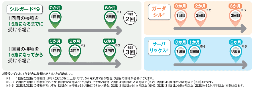 サーバリックス（2価ワクチン）・ガーダシル（4価ワクチン）・シルガード9（9価ワクチン）の接種回数および間隔。シルガード9で接種を開始する方は、1回目の接種を受けるときの年齢によって接種のスケジュールが異なり、合計2回または3回接種します。